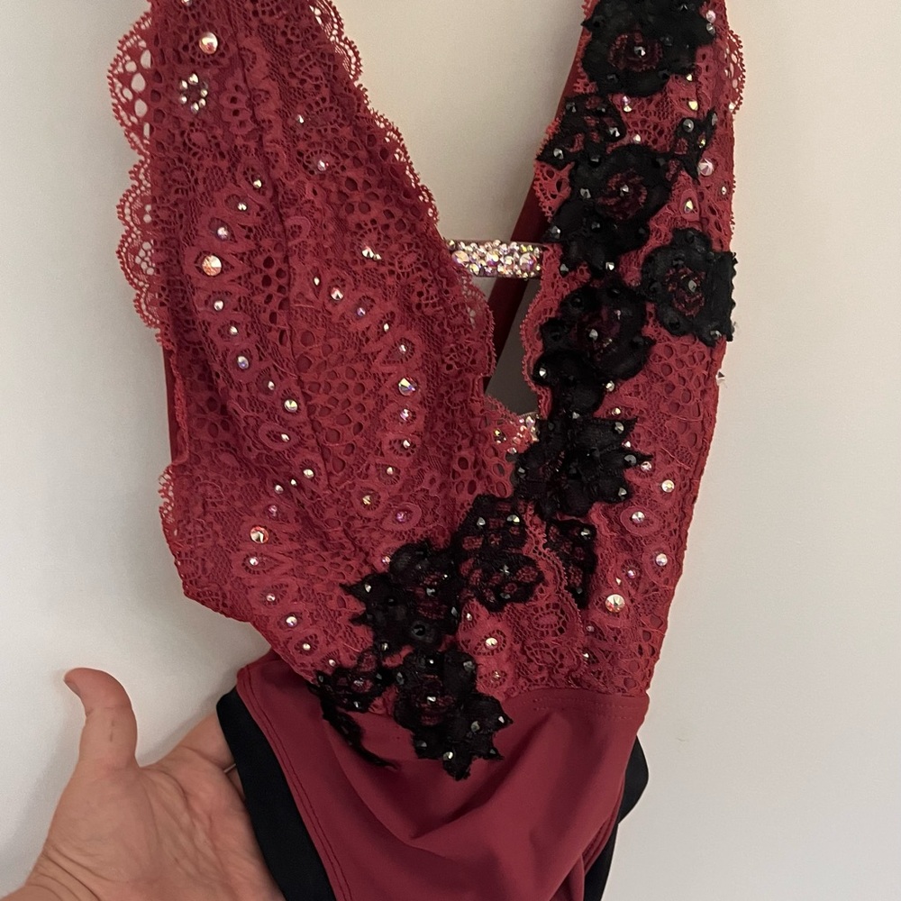 Maroon and Black Lace Bodysuit